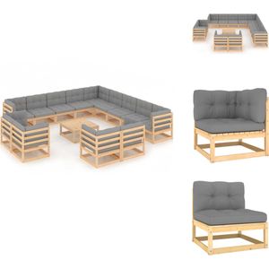 vidaXL Loungeset Grenenhout XXL - 7 hoekbank - 6 middenbank - 1 tafel - Grijs kussen - Massief grenenhout - 70x70x67cm (BxDxH) - Tuinset