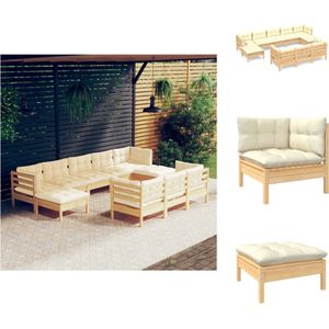 vidaXL Loungeset Grenenhout - Hoekbank/Middenbank/Voetenbank - Crème kussen - 63.5x63.5x62.5 cm - Zitkussen 60x60x5 cm - Rugkussen 60x32x5 cm - Montage vereist - Inclusief 4 hoekbank - 4 middenbank - 2 voetenbank - 10 zitkussen - 12 rugkussen