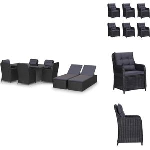 vidaXL Tuinset - Zwart - PE-rattan - gepoedercoat staal - 200x100x74cm - Inclusief tafel - 6 stoelen - 6 zitkussens - 6 rugkussens - 2 ligbedden en 2 ligbedkussens - Tuinset