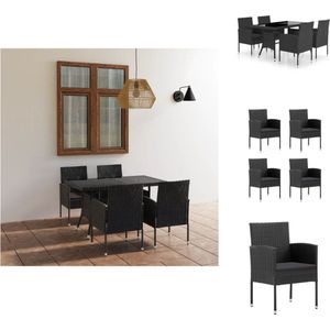 vidaXL Tuinset - Poly Rattan - PE-rattan - Glas - Zwart - 140x80x74 cm - 52x56x88 cm - 4 stoelen - 1 tafel - 4 zitkussens - Tuinset