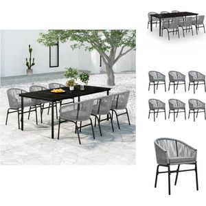 vidaXL Tuinset - Outdoor meubels - 200 x 100 x 74 cm - zwart - gepoedercoat staal - gehard glas - PVC rattan - grijs - 6 stoelen - 6 kussens - Tuinset