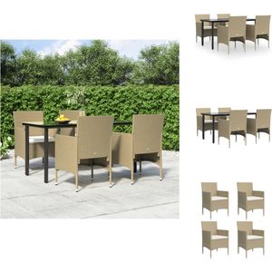 vidaXL Tuinset Bistro - 160 x 80 x 74 cm - Weerbestendig PE-rattan - Gehard glazen tafelblad - Comfortabele gebogen rug- en armleuningen - Beige stoel met crèmewit kussen - Levering bevat 1 tafel - 4 stoelen en kussens - Tuinset