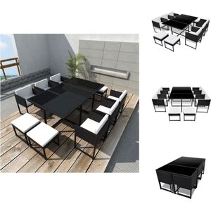 vidaXL Rattan Tuinset - Inclusief tafel - 6 stoelen - 4 krukken - Zwart - Gehard glas - Polyester kussens - 165x109x72 cm - Tuinset