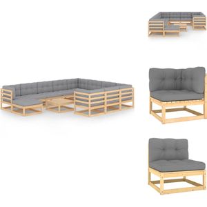 vidaXL Grenenhouten loungeset - hoekbanken - middenbanken - tafel - voetenbank - grijze kussens - 70 x 70 x 67cm - massief grenenhout - Tuinset