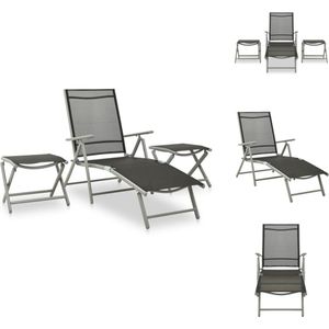 vidaXL Tuinstoel Aluminium/Zwart/Zilver 178x61.5x60cm - Verstelbare rugleuning - comfortabele textileen zitting - Inklapbaar design - Set van 1 stoel - 2 voetensteunen - Tuinset