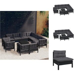 vidaXL Lounge set - Massief grenenhout - Zwart - Hoekbank 63.5x63.5x62.5 - Middenbank 63.5x63.5x62.5 - Voetenbank/tafel 63.5x63.5x28.5 - Zitkussen 60x60x5 - Rugkussen 60x32x5 - Tuinset