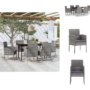 vidaXL Tuinset - Buiteneetset - 140x70x74 cm - Stalen frame - PE-rattan - Glas - Antraciet stoel - Donkergrijs kussen - Weerbestendig - Montage vereist - 1 tafel - 6 stoelen - 6 zitkussens - Tuinset