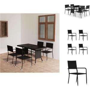 vidaXL Poly Rattan Tuinset - Eettafel en stoelen - PE-rattan - Stalen frame - Glas tafelblad - Lichtgewicht en stapelbaar - 140x80x74cm - Zwart - Eenvoudig schoon te maken - Montage vereist - Inclusief 1 tafel en 4 stoelen - Tuinset