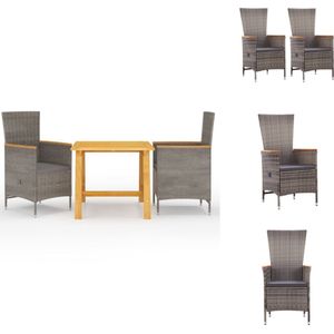 vidaXL Tuinset - Eettafel en stoelen - Massief acaciahout - PE-rattan - Grijs - Verstelbare rugleuning - Inclusief kussens - Tuinset