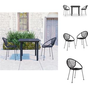 vidaXL Tuinset - Elegant - Stalen frame - Lichtgewicht - Glazen tafelblad - PVC touw - Zwart - Tafel- 80 x 80 x 74 cm - Stoel- 57 x 57.5 x 82 cm - Stapelbaar - Weerbestendig - 1 tafel - 2 stoelen - Tuinset