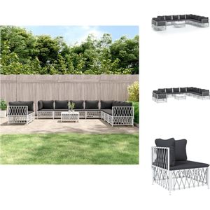 11-tlg. Garten-Lounge-Set mit Kissen Weiß Stahl - Gartenmöbel - Loungesessel - Outdoor Möbel - Garten Lounge Set - Esstisch