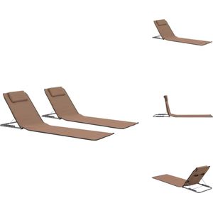 vidaXL Strandstoelen - Opvouwbare strandmatten - Set van 2 - Bruin - Gepoedercoat staal en stoffen bekleding - 160 x 53 x 47 cm - Inclusief hoofdsteun en opbergvak - Ligbed