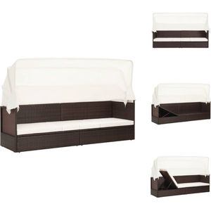 vidaXL PE-rattan tuinbank - bruin - 205x62x70 cm - inklapbaar dak - stalen frame - comfortabel zitkussen - weerbestendig - trendy design - Ligbed