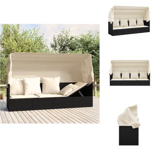 vidaXL Outdoor Loungebed - Zwart Poly Rattan - Inklapbare Luifel - Stabiel Frame - Comfortabel Kussen - Ligbed