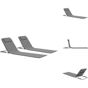 vidaXL Strandstoelenset - Inklapbaar - Grijs - 160x53x47 cm - Met hoofdsteun en opbergvak - Ligbed