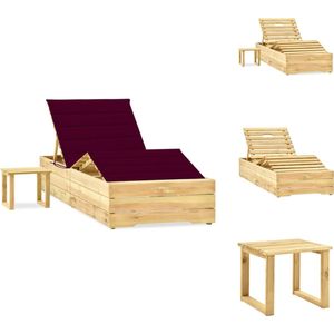 vidaXL Grote houten lounge ligstoel - 198 x 90 x (30 - 75) cm - verstelbare rugleuning - inclusief kussen - groen geïmpregneerd - wijnrood kussen - Ligbed