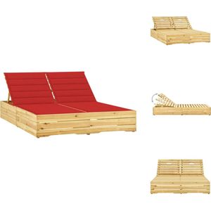 vidaXL Zonnestoel - Zonnestoelen - Zonnebed - Zonnebedden - Ligbed tweepersoons met rode kussens geïmpregneerd grenenhout