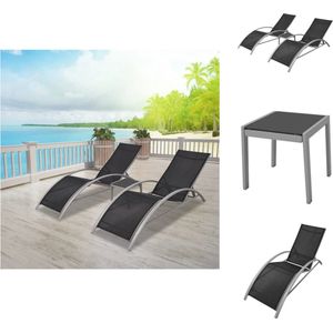 vidaXL Aluminium Tuinstoelenset - Strandstoelen en Tafel - 156 x 60 x 89 cm - Verstelbare Rugleuning - Zwart/Zilvergrijs - Ligbed