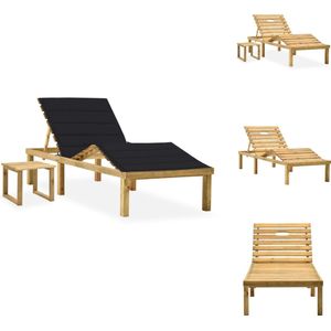 vidaXL Ligstoel Tuinbed - Hout - Verstelbare rugleuning - Met tafel en kussen - 200 x 70cm - Zwart - Ligbed