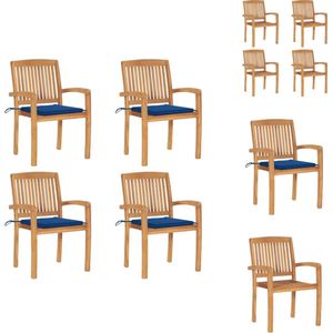 vidaXL Tuinstoelen - Hout - Stapelbaar - 60x57.5x90 cm - Koningsblauw kussen - Weerbestendig - Inclusief 4 stoelen en 4 zitkussens - Montage vereist - Tuinstoel
