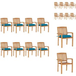 vidaXL Houten Tuinstoelen - Stapelbaar - 60 x 57.5 x 90 cm - Lichtblauw kussen - Weerbestendig - 8 stoelen met kussens - Tuinstoel