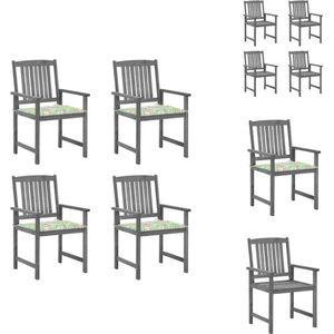 vidaXL Buitenstoelen - Gelat hout - Rustieke charme - Massief acaciahout - Grijs - 61x57x92cm - 48x46cm zitting - 43.5cm zithoogte - 50x50x3cm kussen - Bladpatroon - Montage vereist - 4x stoel - 4x zitkussen - Tuinstoel