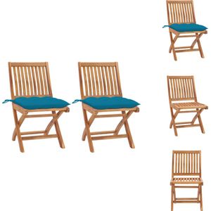 vidaXL Tuinstoel - Set van 2 - Teakhout - Inklapbaar - Lichtblauw kussen - 46.5x58x88 cm - Tuinstoel