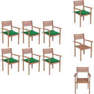 vidaXL Stapelbare Tuinstoelen - Hard Teakhout - Set van 6 - Groen Kussen - Tuinstoel