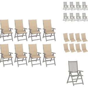 vidaXL tuinstoelen - massief acaciahout - verstelbaar - grijs - 56 x 70 x 110 cm - beige kussen - Tuinstoel