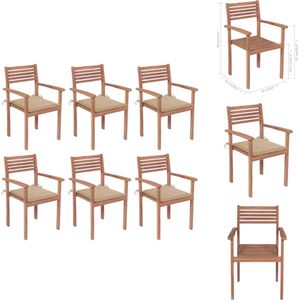 vidaXL Stapelbare Teakhouten Tuinstoelen - set van 6 - 56x51x90 cm - Beige kussen - Tuinstoel