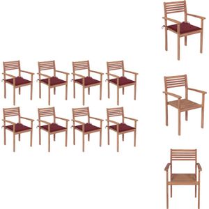 vidaXL Stapelbare houten tuinstoelen - Teakhout - Set van 8 stoelen met kussens - Afmetingen- 56x51x90 cm - Kleur kussen- wijnrood - Montage vereist - Tuinstoel