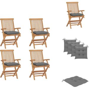 vidaXL tuinstoelenset - teakhouten meubel - 4 stoelen - 55x60x89 cm - inklapbaar - grijs kussen - Tuinstoel