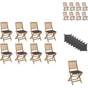 vidaXL Klapstoelenset - 8 Stoelen - Antraciet Kussen - Acaciahout - 48.5 x 57 x 91 cm - 2 Sets Touwtjes - Tuinstoel