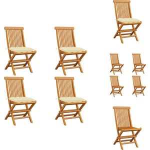 vidaXL Tuinstoel - Tuinstoelen - Tuin Stoel - Tuin Stoelen - Tuinstoelen 4 st met crèmewitte kussens massief teakhout