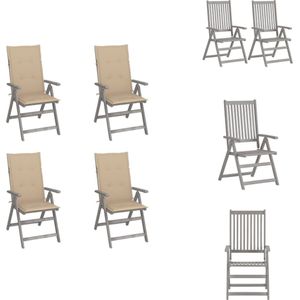 vidaXL Tuinstoelenset - massief acaciahout - greywash - verstelbaar - incl - kussens - grijs/beige - 57x69x111 cm - Tuinstoel