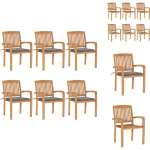 vidaXL Stapelbare Houten Tuinstoelen - Teakhout - 60x57.5x90 cm - Grijs kussen - 6 stoelen en kussens - Tuinstoel