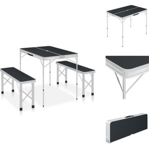 vidaXL Campingtafelset - Aluminium - MDF - 90x60x70 cm - Grijs/Zilver - Inklapbaar - Inclusief 2 bankjes - Campingstoelaccessoire