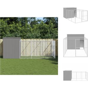 vidaXL Hondenhok met Verlengde Ren - 214 x 457 x 181 cm - Gegalvaniseerd Staal - Lichtgrijs - Hok