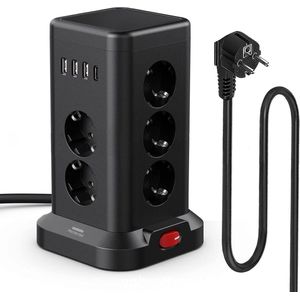Verticale Stekkerdoos met Schakelaar - 11 Stopcontacten & 4 USB Aansluitingen - Stekkerdoos Zwart - Verlengkabel 1,8m - Kinderbeveiling
