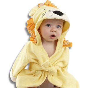 BoefieBoef Leeuw Kinder Badjas Baby & Peuter 0-2 Jaar (Max 85 cm) – Zacht Katoen Badstof met Dieren Capuchon – Absorberende Ochtendjas Handdoek voor Jongens & Meisjes – Zwemles, Carnaval, Verjaardag & Kraamcadeau – Perfect na Bad & Zwemmen - Geel