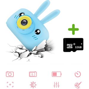 Rabbit Kindercamera Full HD 1080P | Inclusief 32GB Geheugenkaart | Vlog camera | Fototoestel voor kinderen | Kinderfototoestel | Blauw