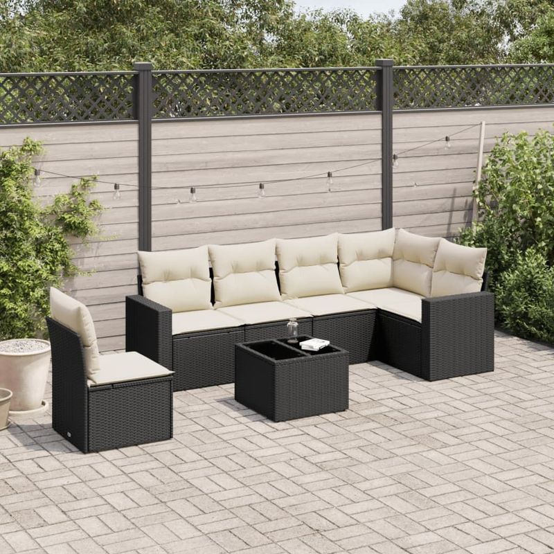 vidaXL - 7-delige - Loungeset - met - kussens - poly - rattan - zwart