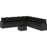 vidaXL 10-delige Loungeset met kussens poly rattan zwart