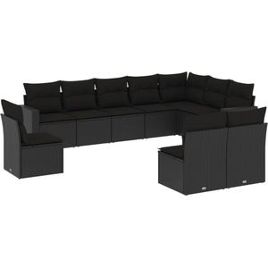 vidaXL 10-tlg. Garten-Sofagarnitur mit Kissen Schwarz Poly Rattan