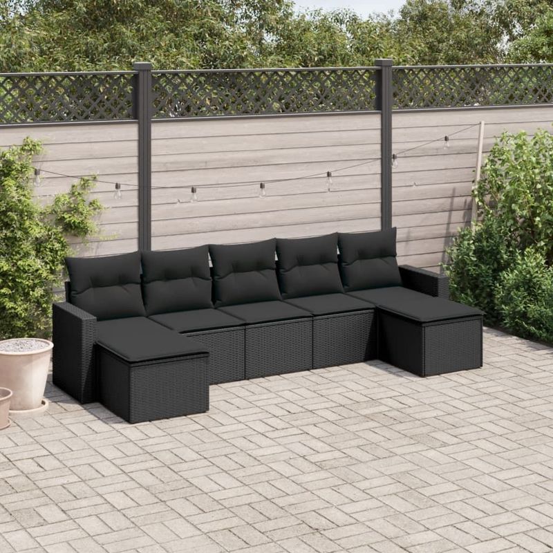 vidaXL - 7-delige - Loungeset - met - kussens - poly - rattan - zwart