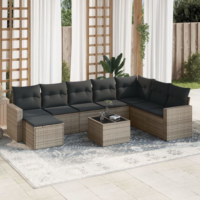 vidaXL - 9-delige - Loungeset - met - kussens - poly - rattan - grijs
