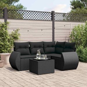 vidaXL 5-delige Loungeset met kussens poly rattan zwart