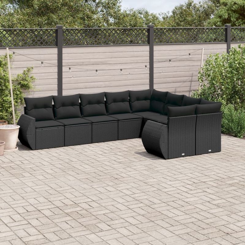 vidaXL - 9-delige - Loungeset - met - kussens - poly - rattan - zwart