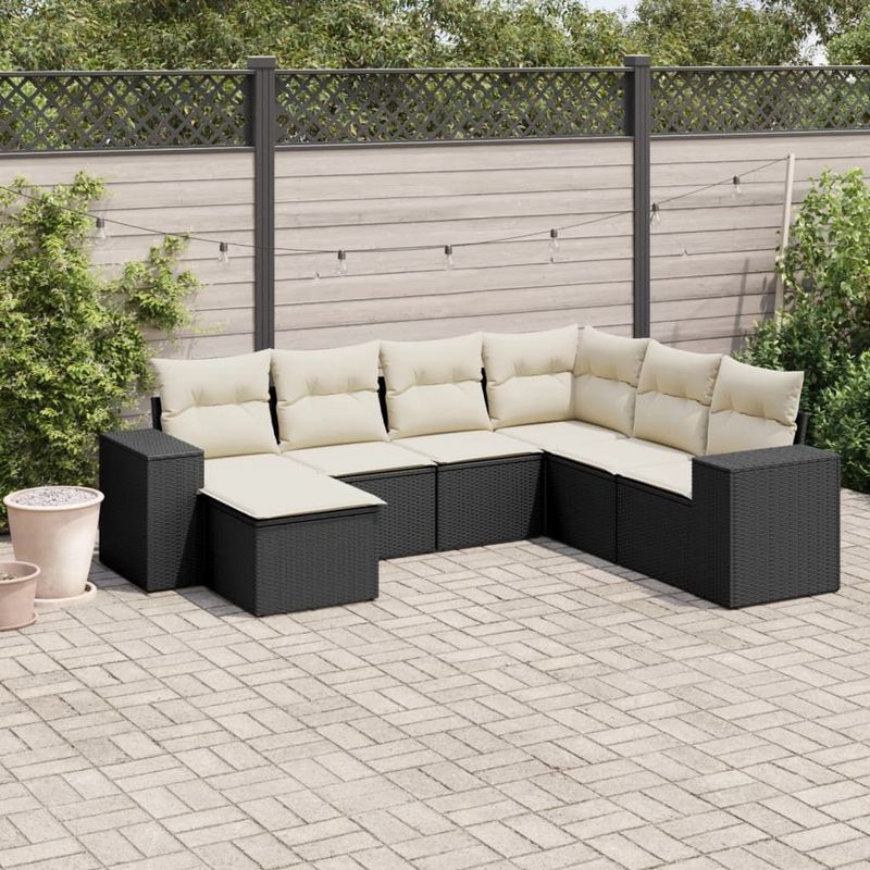 vidaXL - 7-delige - Loungeset - met - kussens - poly - rattan - zwart