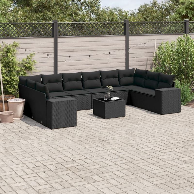 vidaXL - 11-delige - Loungeset - met - kussens - poly - rattan - zwart